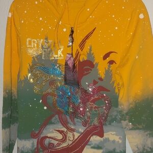 Christian Audigier Yellow Green Multicolor Rhinestone Graphic Hoodie